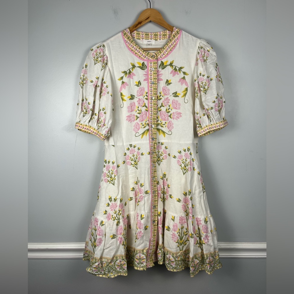 A loves a white pink green Bubble Sleeve Floral Dress MISSING BELT size large - Picture 2 of 9